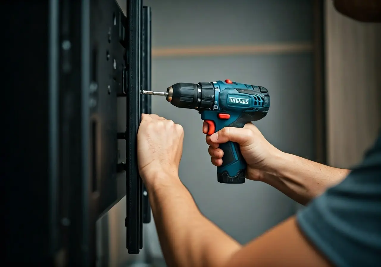 A person using a drill to attach a TV mount. 35mm stock photo